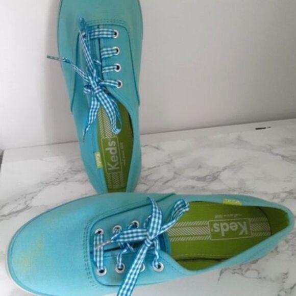 Keds Aqua Blue  Ladies Gingham Laces Canvas Low Top Sneaker Shoes Size 7.5 - Picture 12 of 14